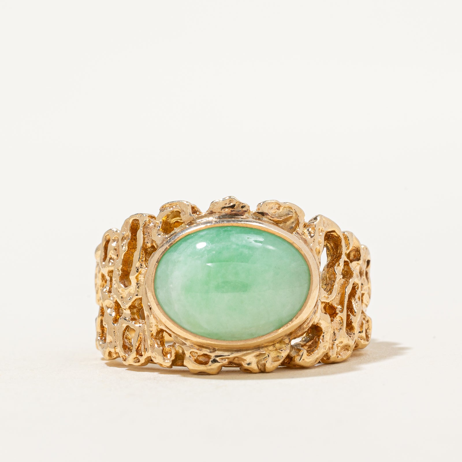 Oval Cabochon Jade Openwork Ring | 3.20ct | SZ 6.5