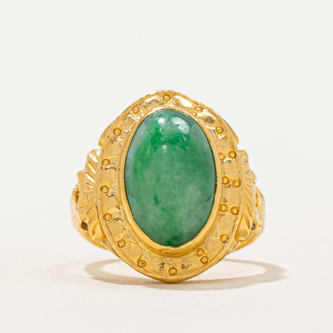 Floral Detailed Jade Cabochon Ring | SZ 8 |