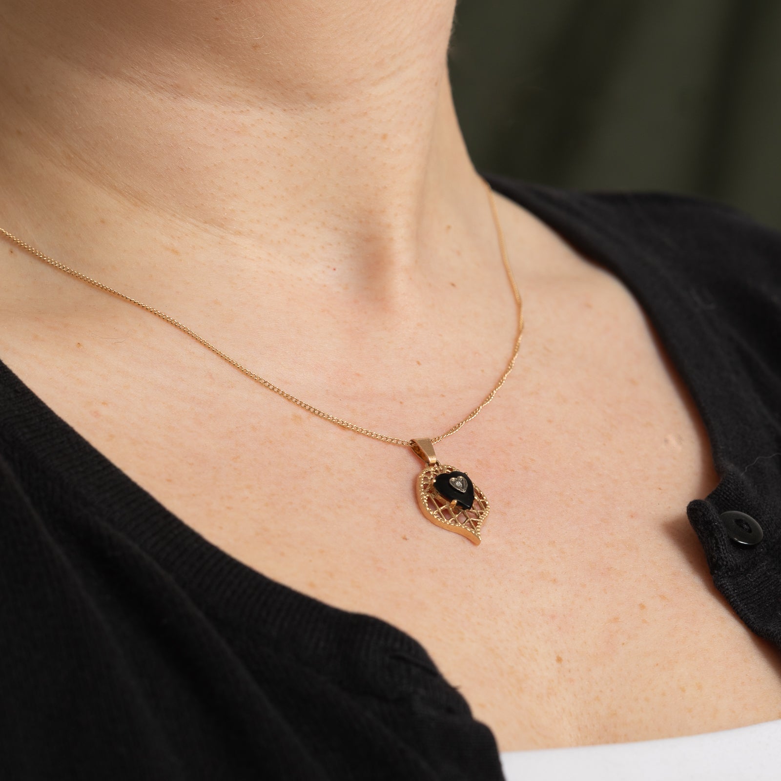 Onyx & Diamond Heart Pendant | 1.10ct, 0.005ct