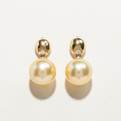 South Sea Golden Pearl & Diamond Drop Earrings | 0.04ctw