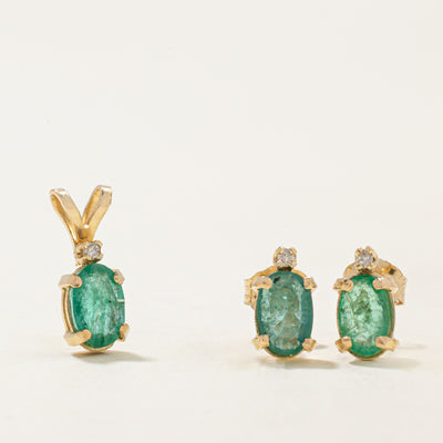 Emerald & Diamond Stud Earrings & Pendant Set | 1.00ctw, 0.02ctw