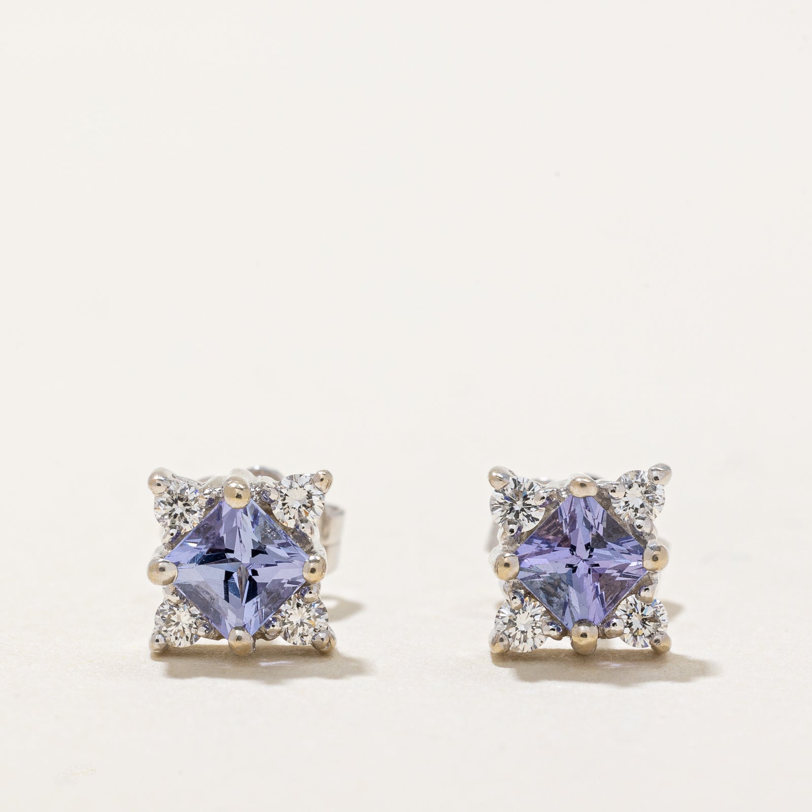 Tanzanite & Diamond Square Stud Earrings | 0.50ctw, 0.16ctw |