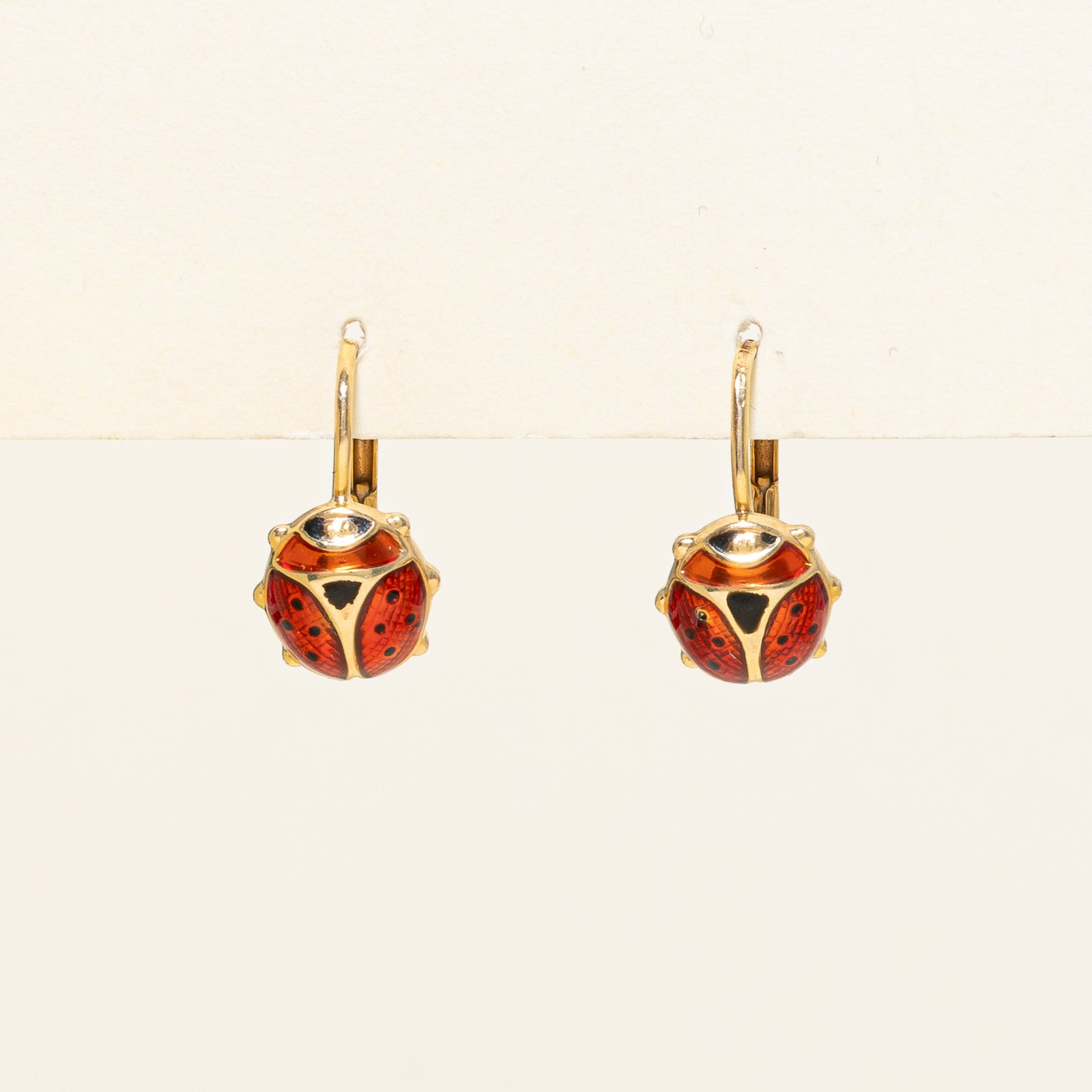 10K Yellow Gold Enamel Lady Bug Earrings