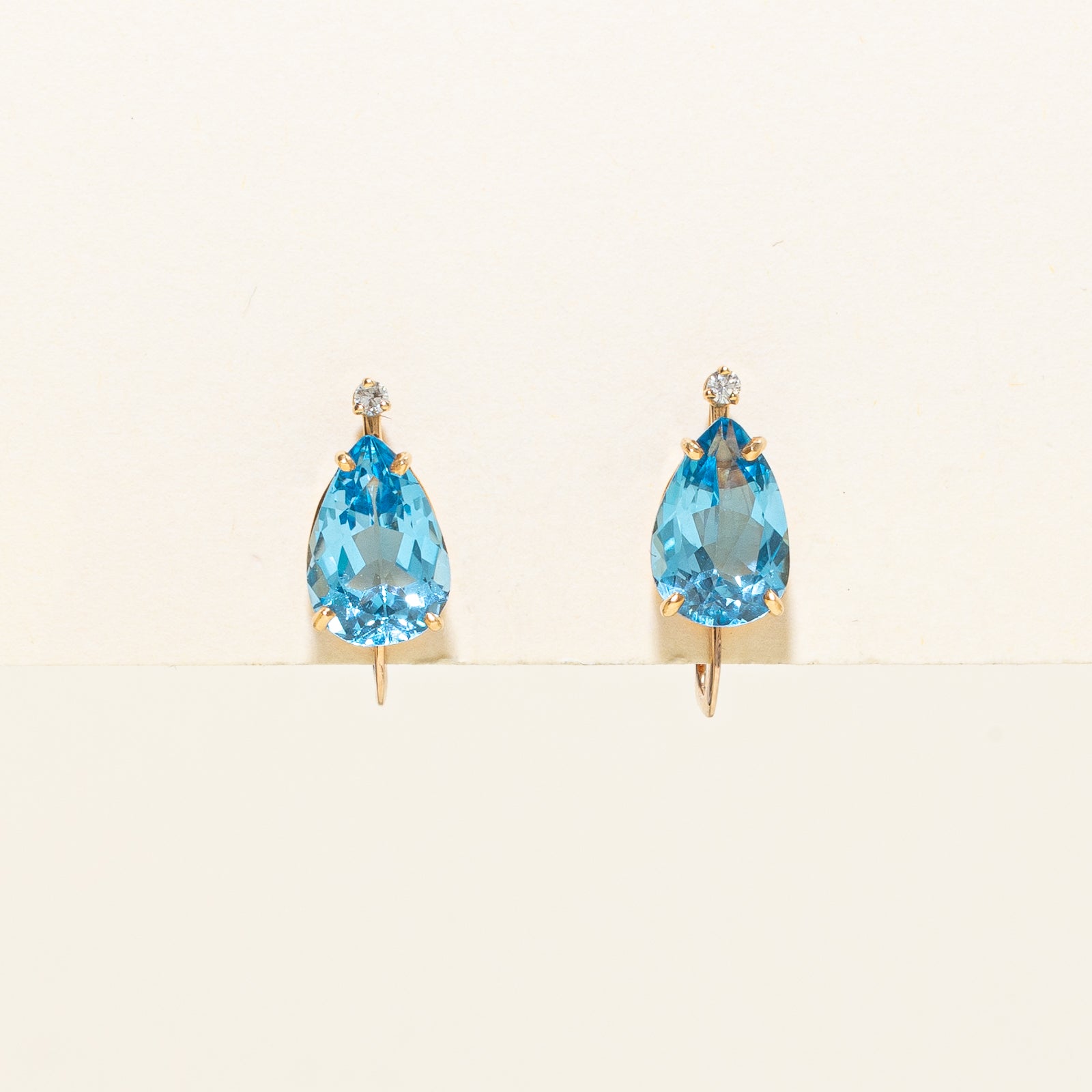 Pear Cut Blue Topaz & Diamond Clip On Earrings | 6.00ctw, 0.06ctw |