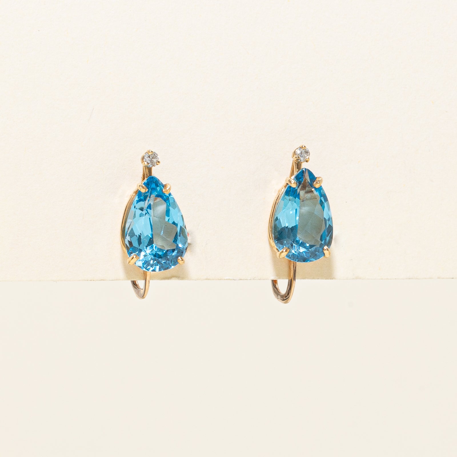 Pear Cut Blue Topaz & Diamond Clip On Earrings | 6.00ctw, 0.06ctw |