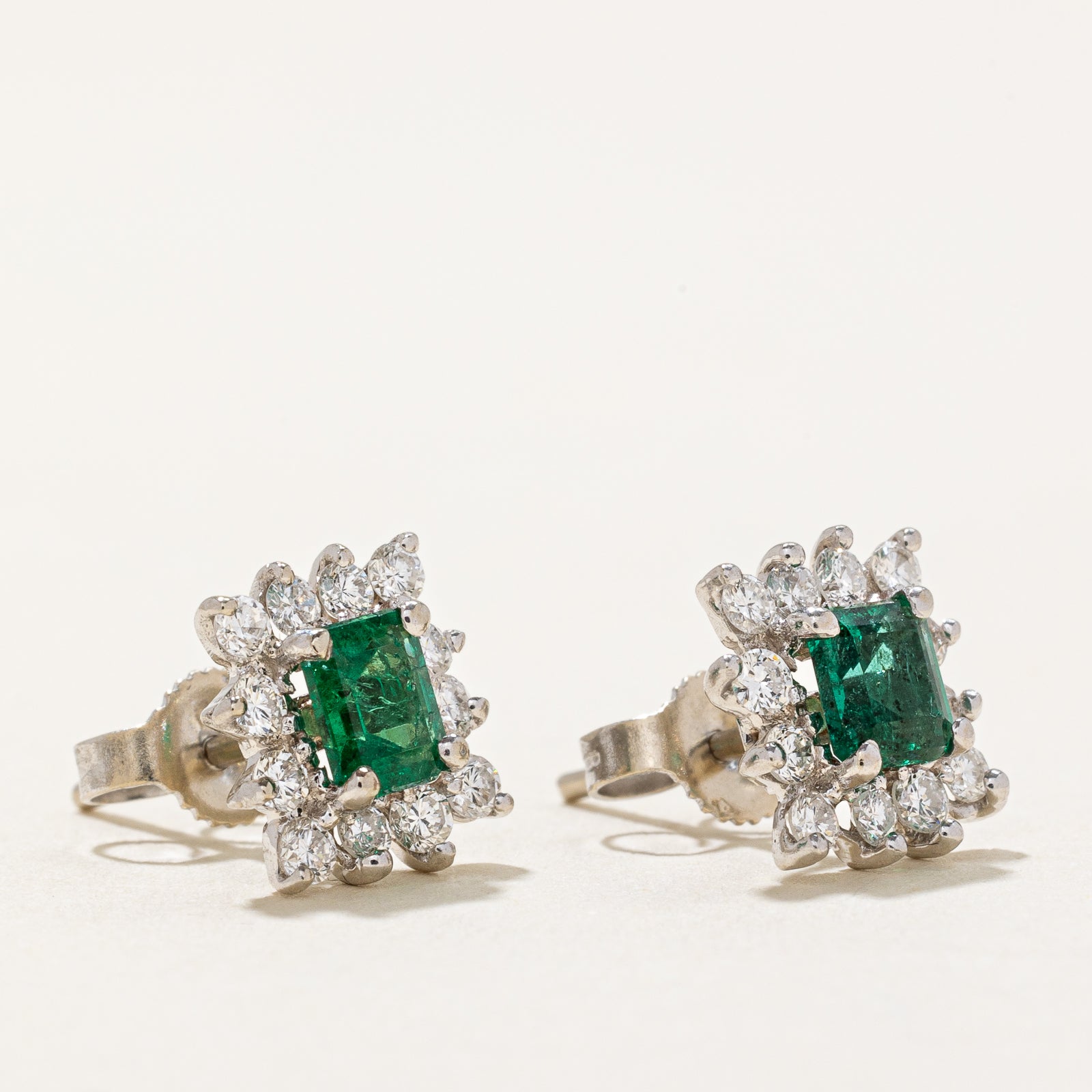 Emerald & Diamond Petal Stud Earrings | 0.70ctw, 0.36ctw |