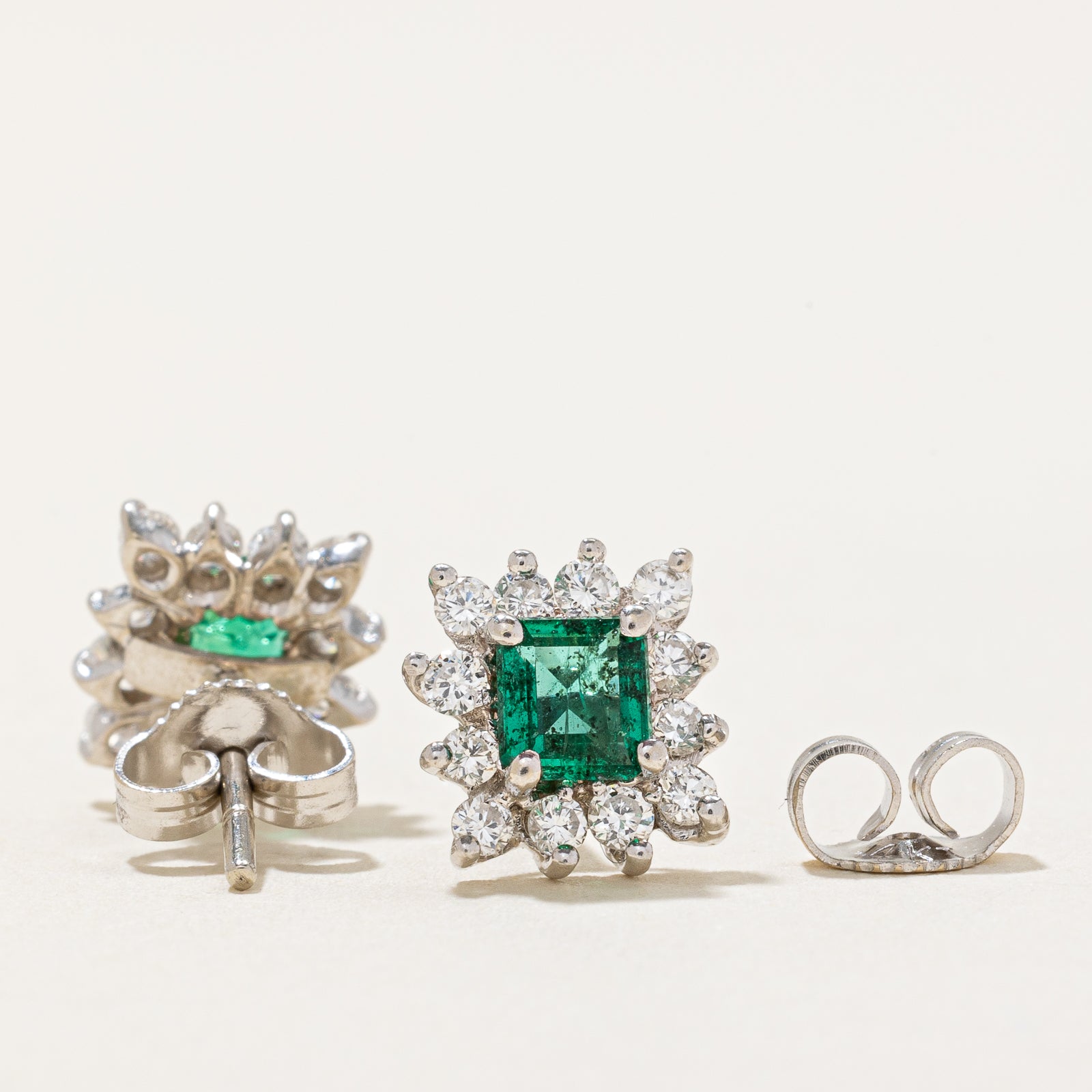 Emerald & Diamond Petal Stud Earrings | 0.70ctw, 0.36ctw |