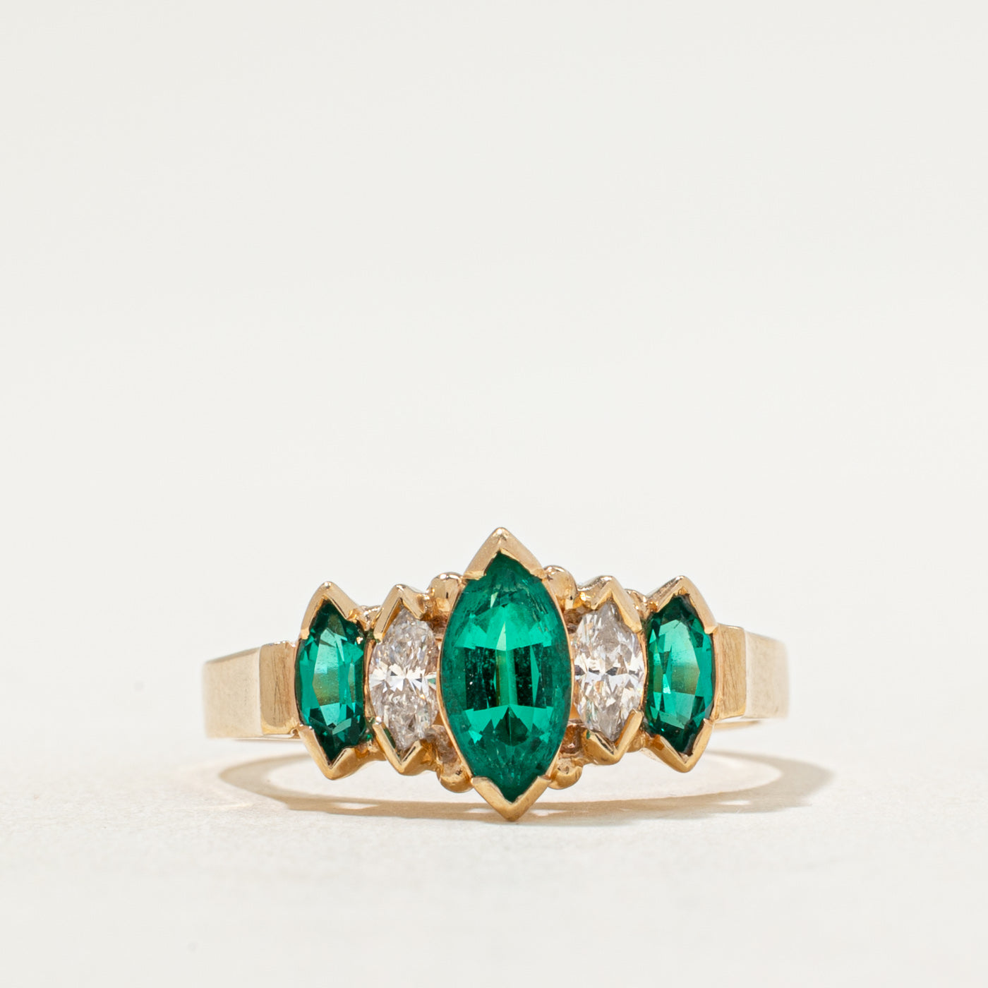 Five Stone Synthetic Emerald & Diamond Ring | 0.64ctw, 0.24ctw | SZ 7.25