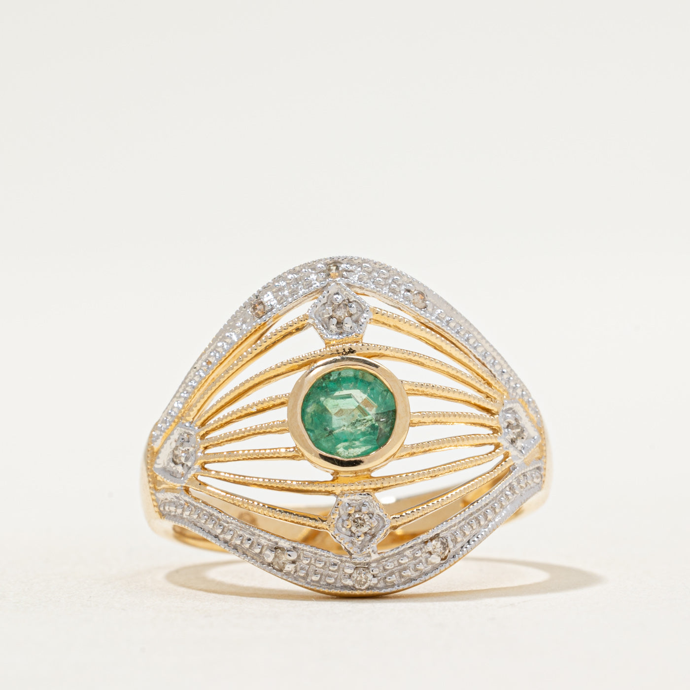 Emerald & Diamond Openwork Cocktail Ring | 0.35ct, 0.07ctw | SZ 8.25