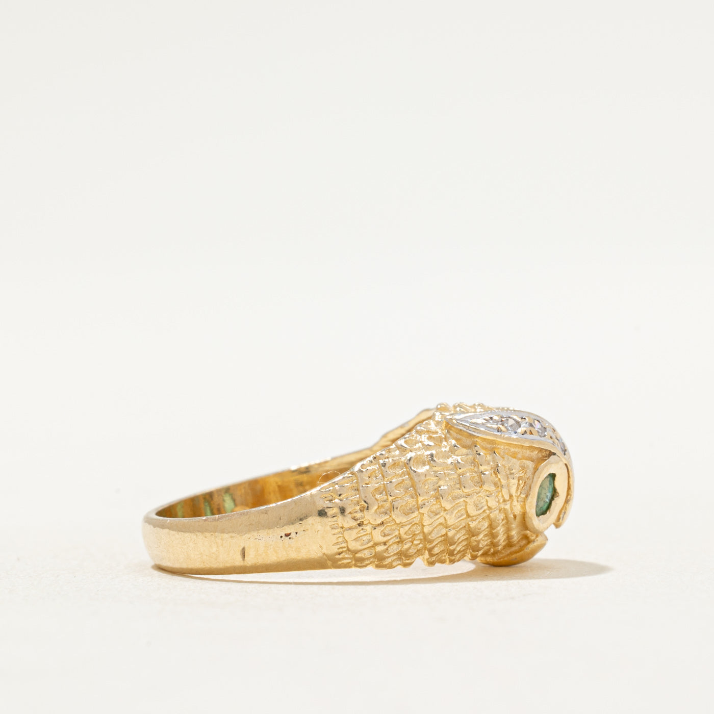 Emerald & Diamond Owl Dome Ring | 0.07ctw, 0.03ctw | SZ 5.25