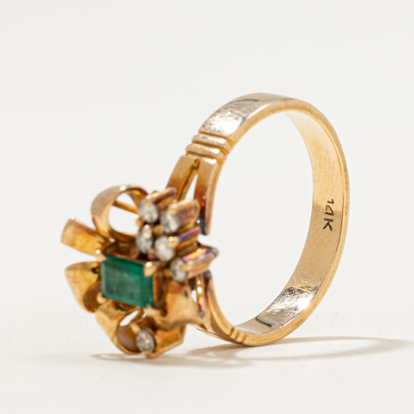 Emerald & Diamond Bow Ring | 0.21ct, 0.12ctw | SZ 6.25
