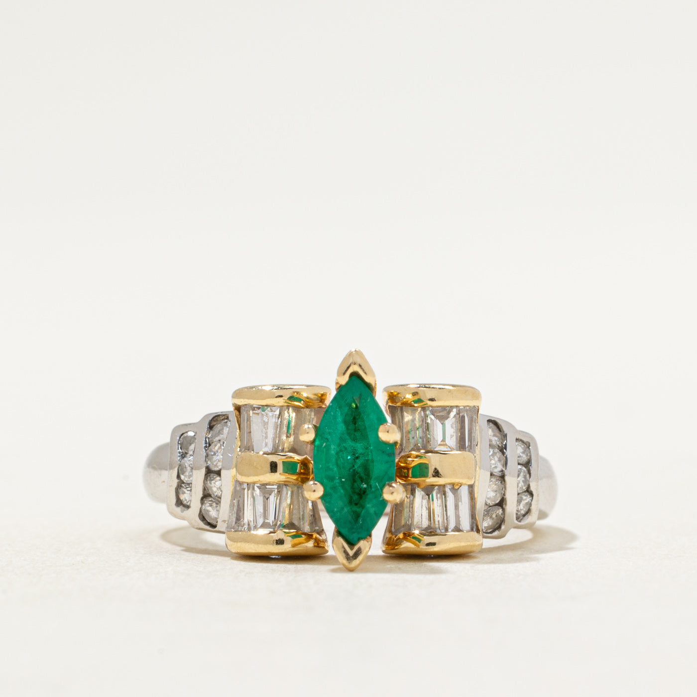 Two Tone Emerald & Diamond High Set Ring | 0.60ct, 0.78ctw | SZ 7.25