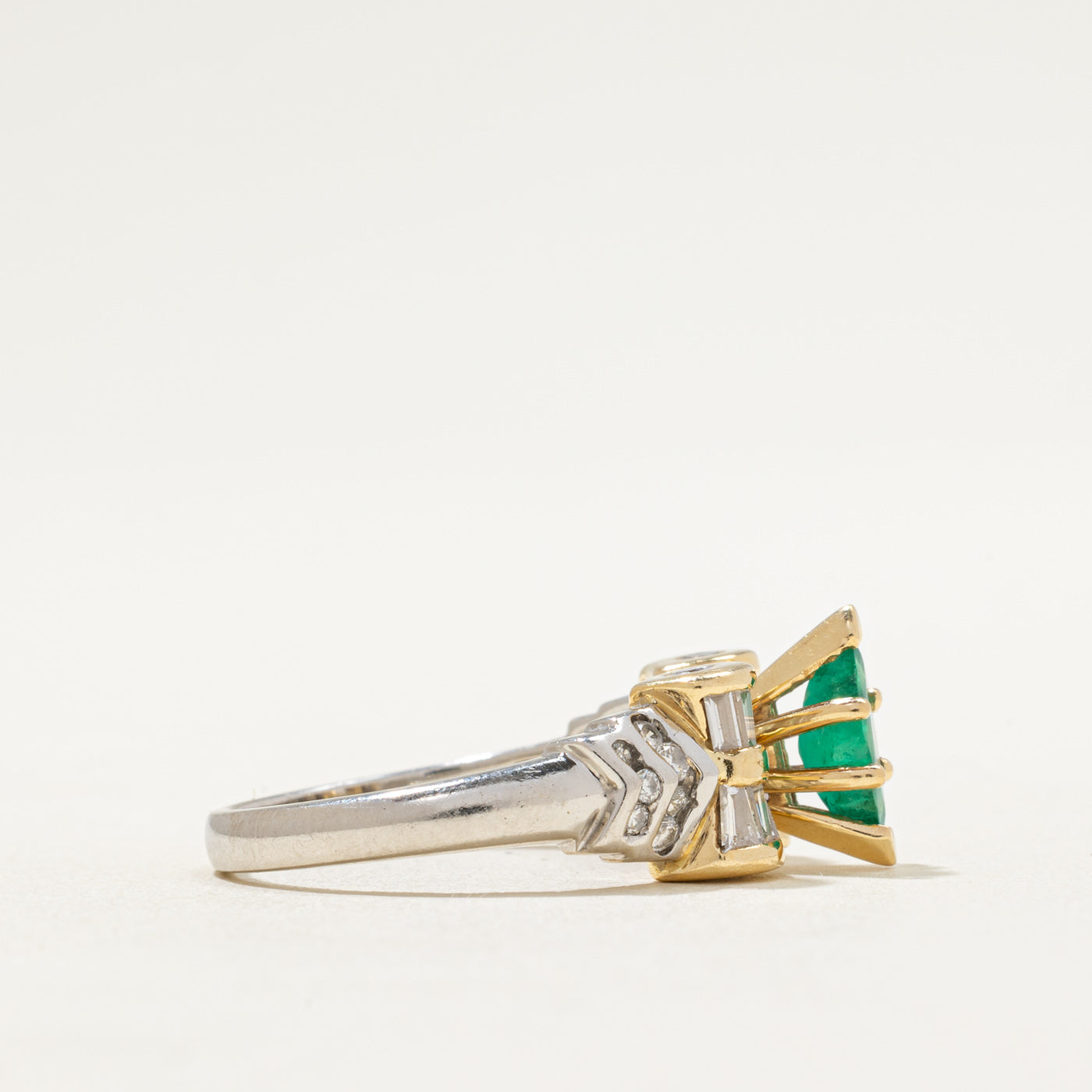 Two Tone Emerald & Diamond High Set Ring | 0.60ct, 0.78ctw | SZ 7.25