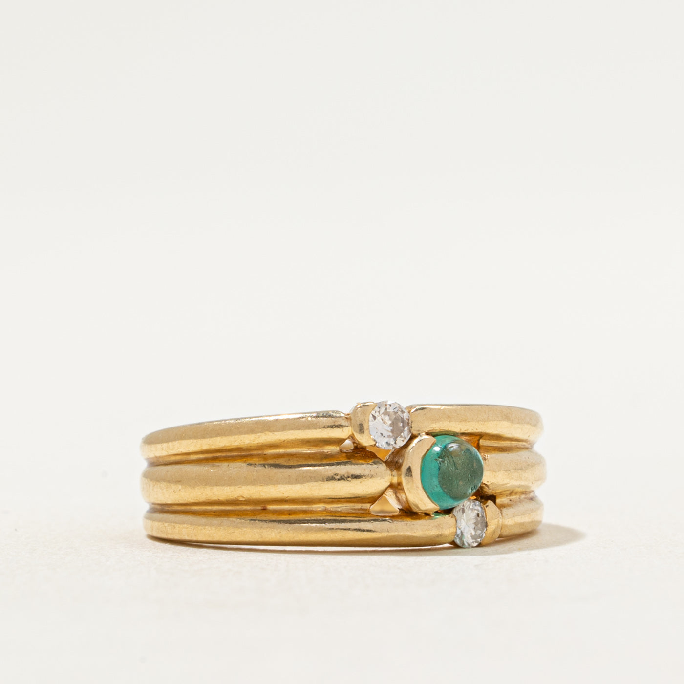 Semi Bezel Emerald & Diamond Grooved Ring | 0.28ct, 0.10ctw | SZ 5.25