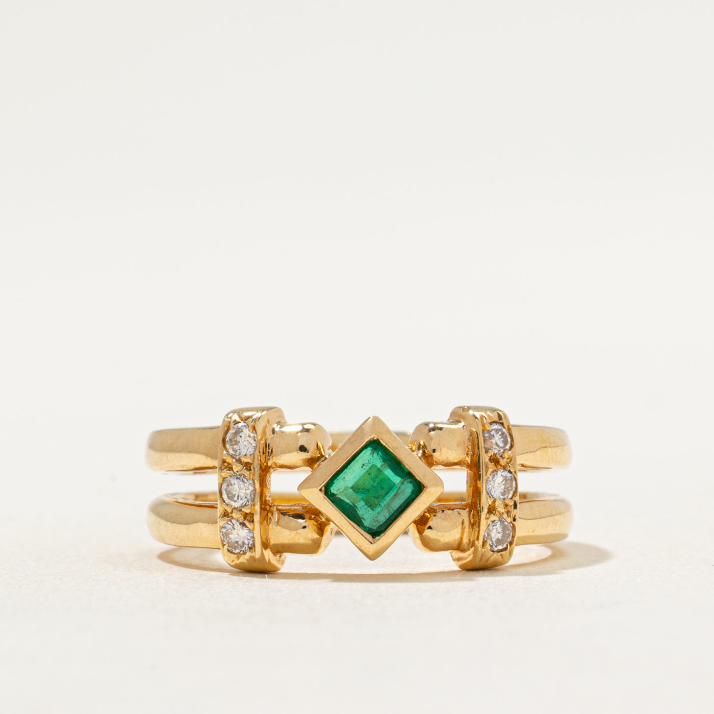 Bezel Set Emerald & Diamond Geometric Ring | 0.18ct, 0.10ctw | SZ 6