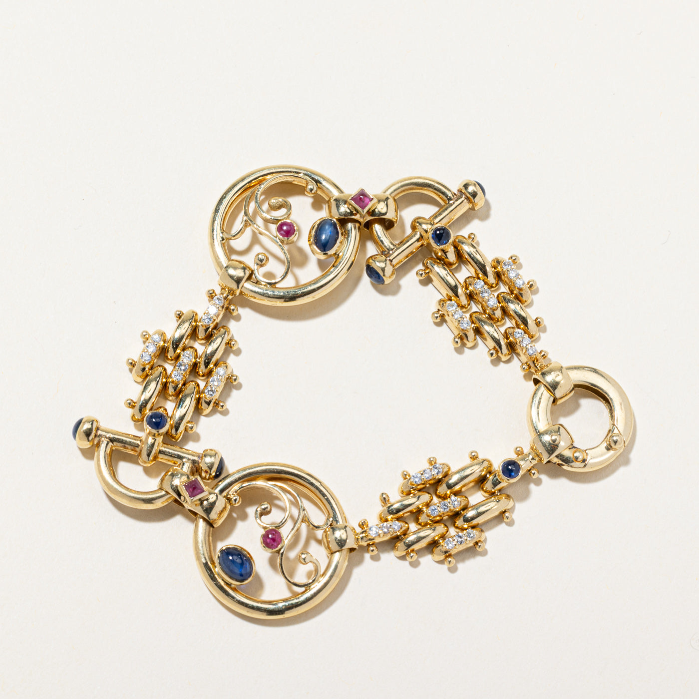 Sapphire, Ruby & Diamond Toggle Panther Link Bracelet | 4.30ctw, 0.75ctw | 7"