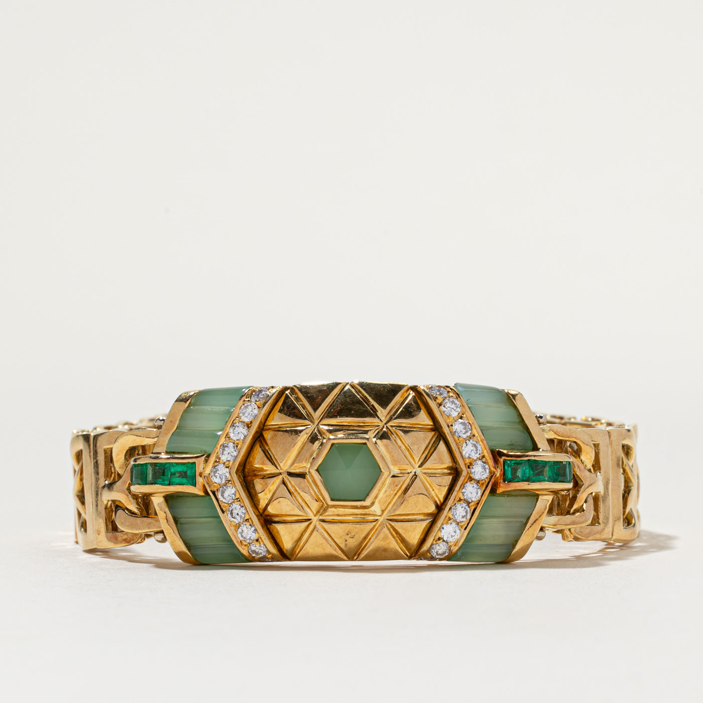 Italian 18k Chrysoprase, Emerald & Diamond Strap Bracelet | 8.50ctw, 0.77ctw | 7.5"