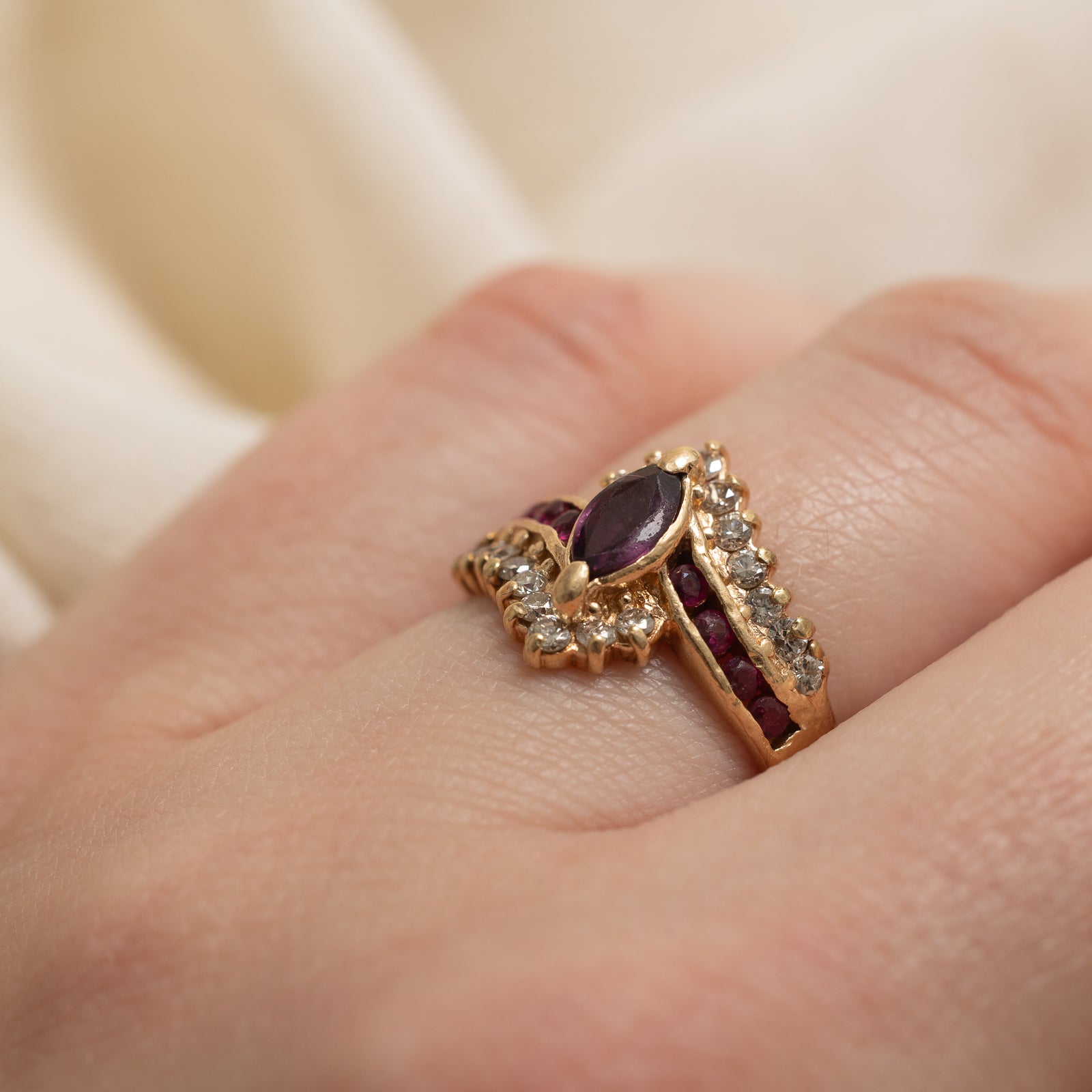 Marquise Cut Ruby & Diamond Bypass Ring | 0.41ctw, 0.22ctw | SZ 5.25