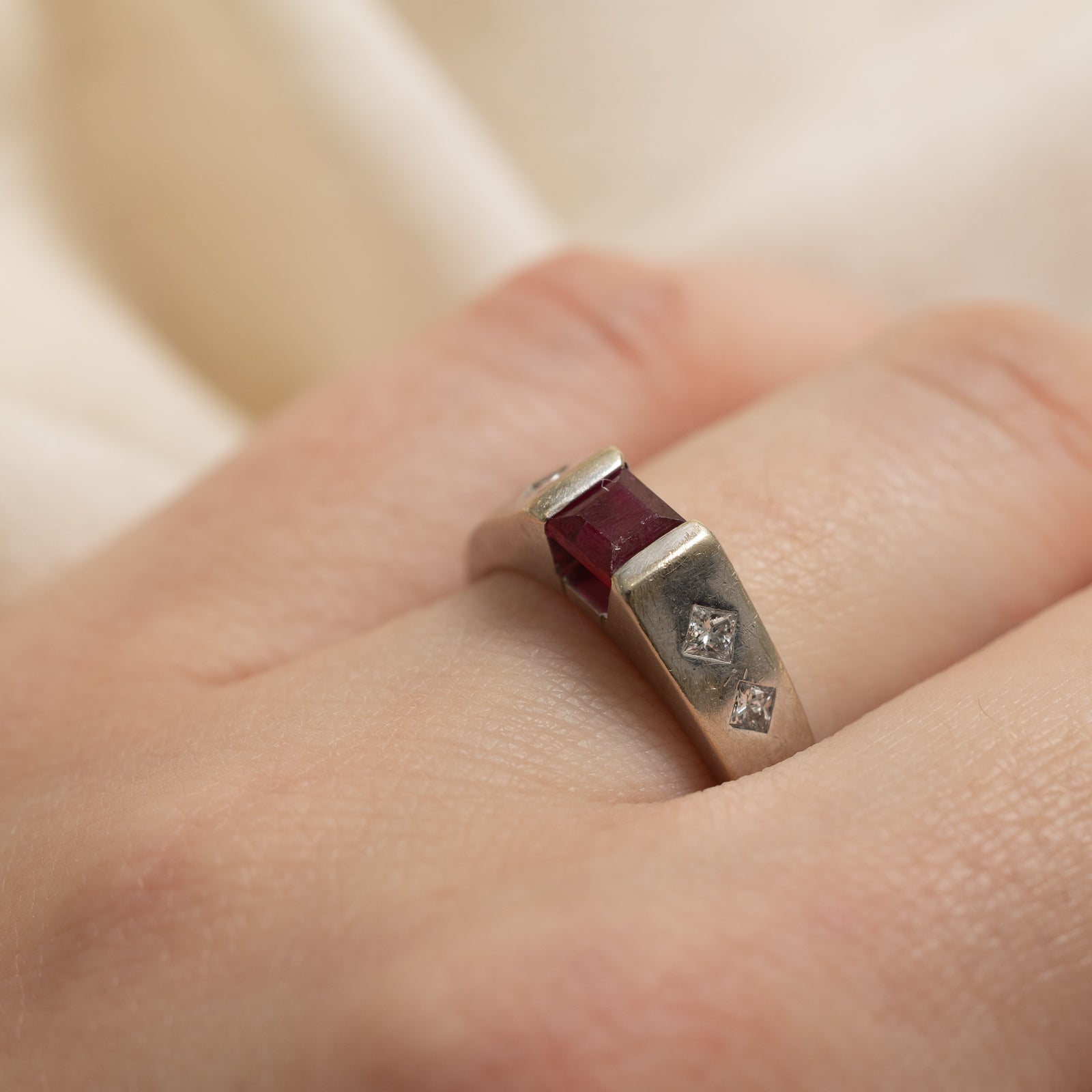 Square Cut Ruby & Diamond Ring | 0.60ct, 0.20ctw | SZ 6