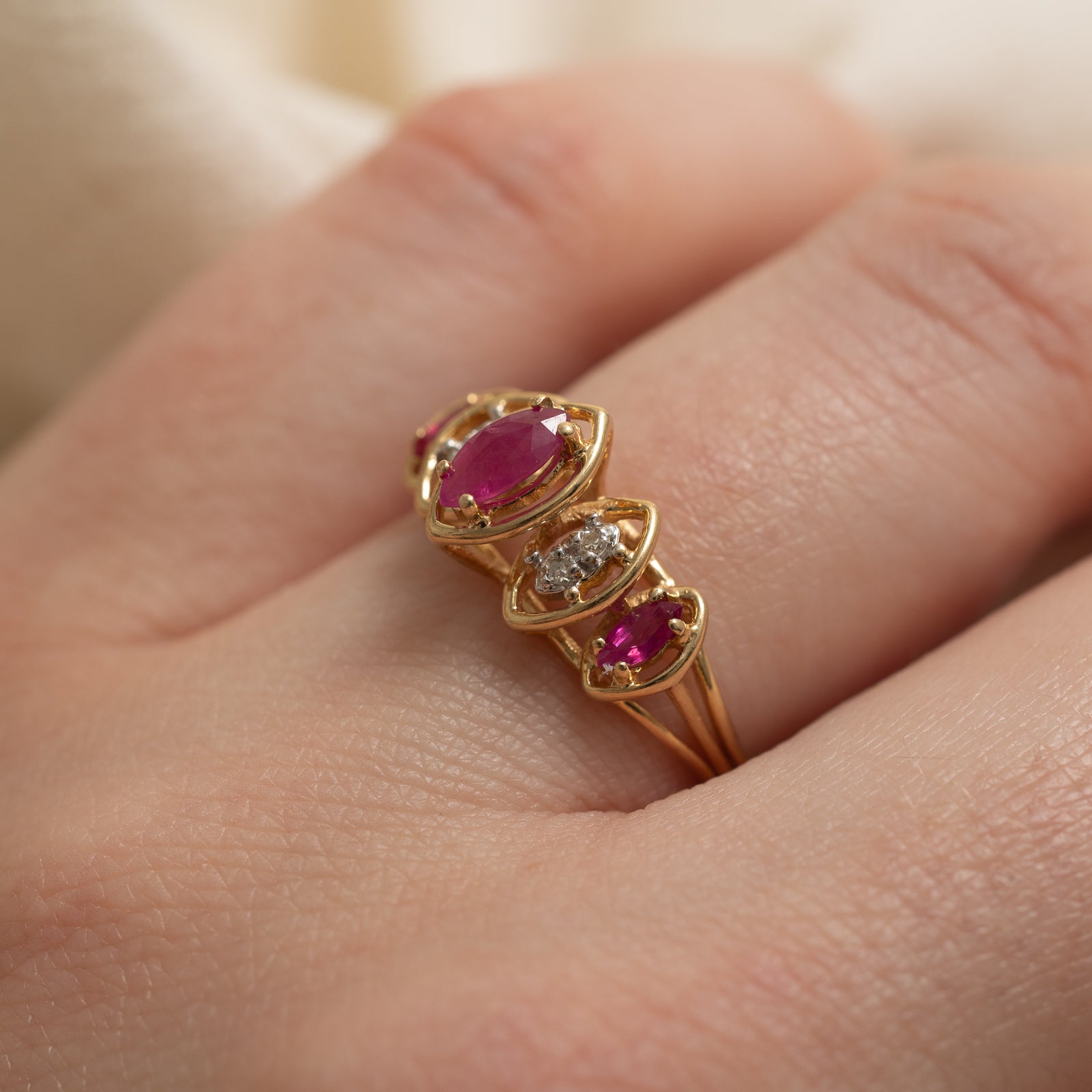 Marquise Cut Ruby & Diamond Ring | 0.33ctw, 0.02ctw | SZ 6