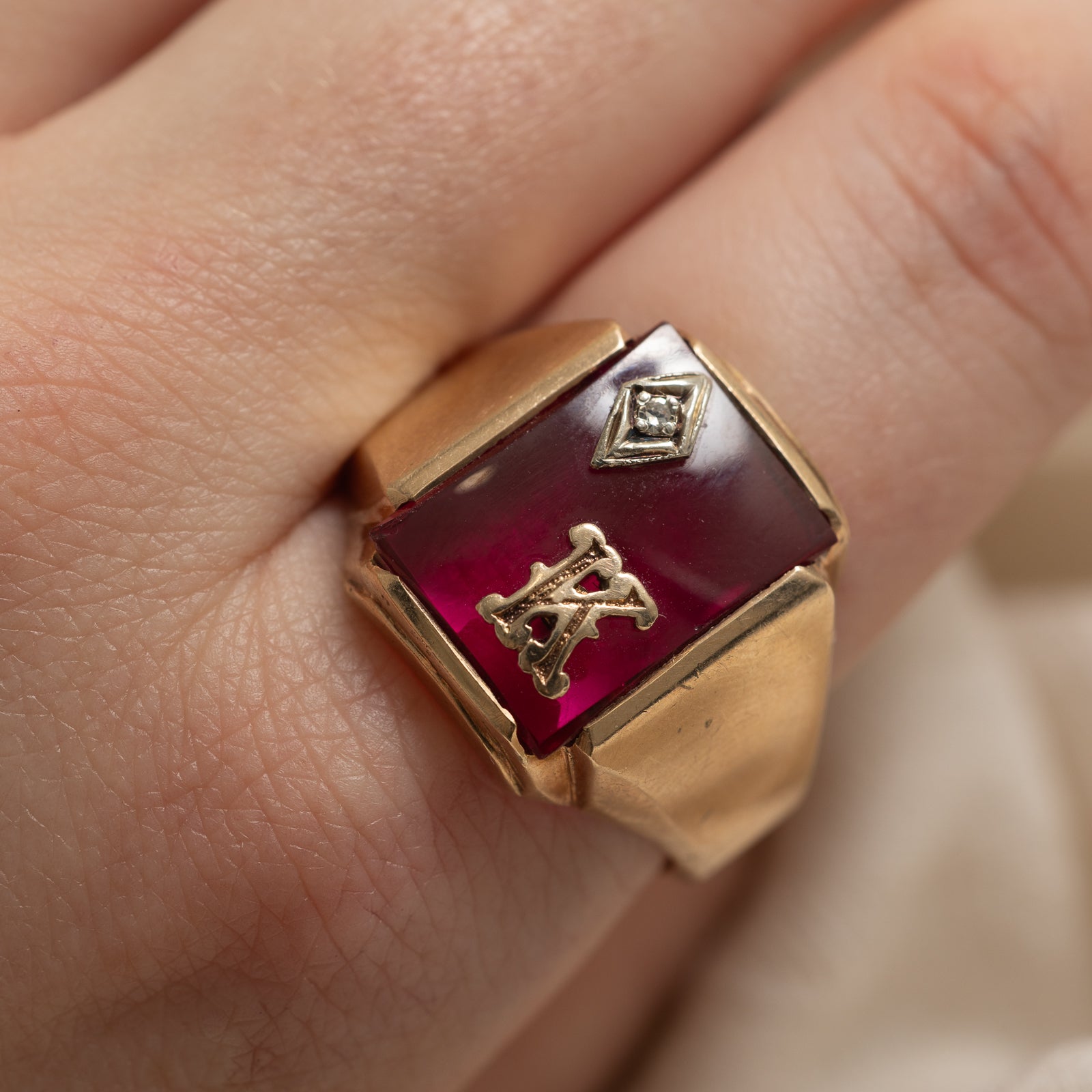 Ruby & Diamond 'K' Signet Ring | 3.30ct, 0.01ct | SZ 13