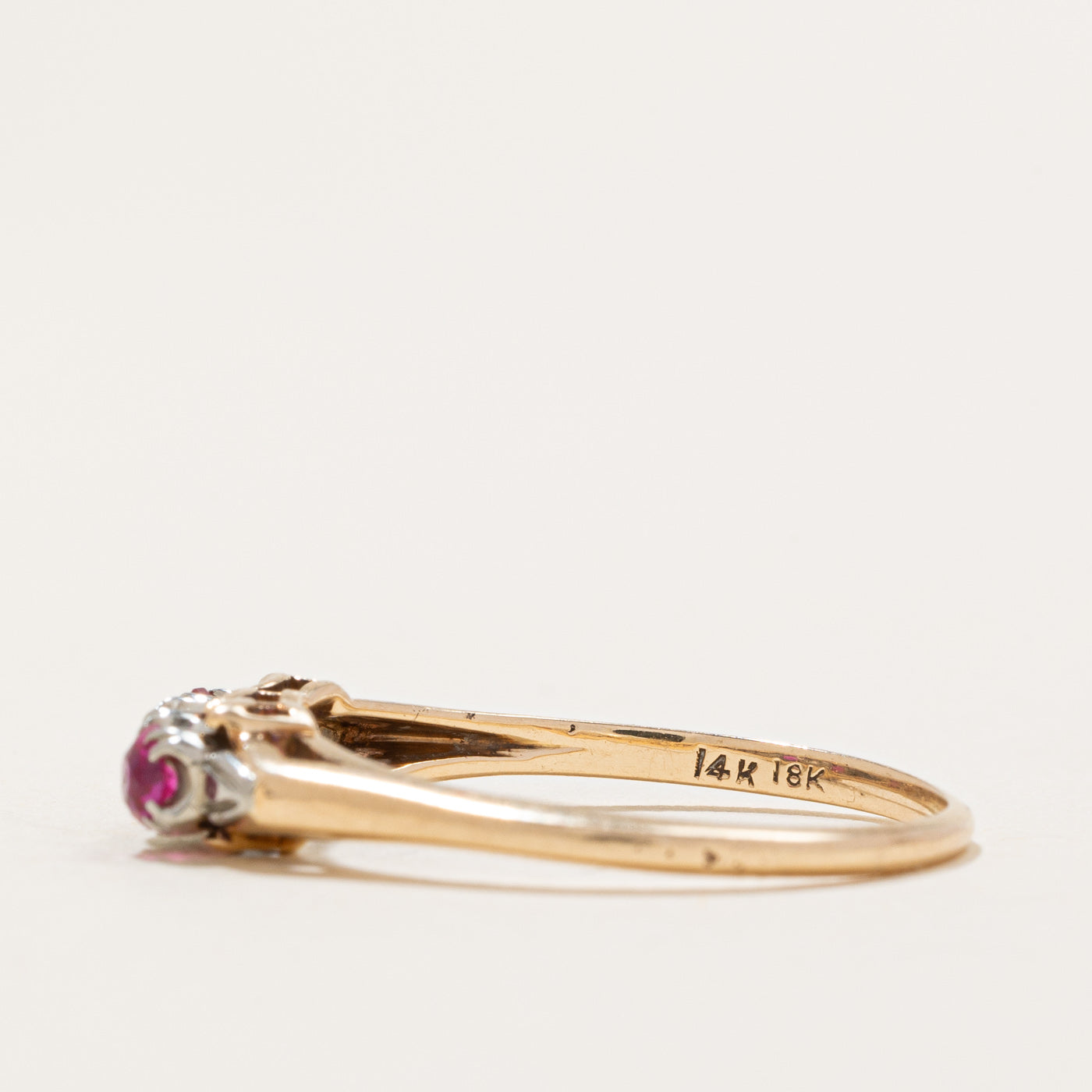 Three Stone Synthetic Ruby & Diamond Ring | 0.24ctw, 0.07ct | SZ 8.25