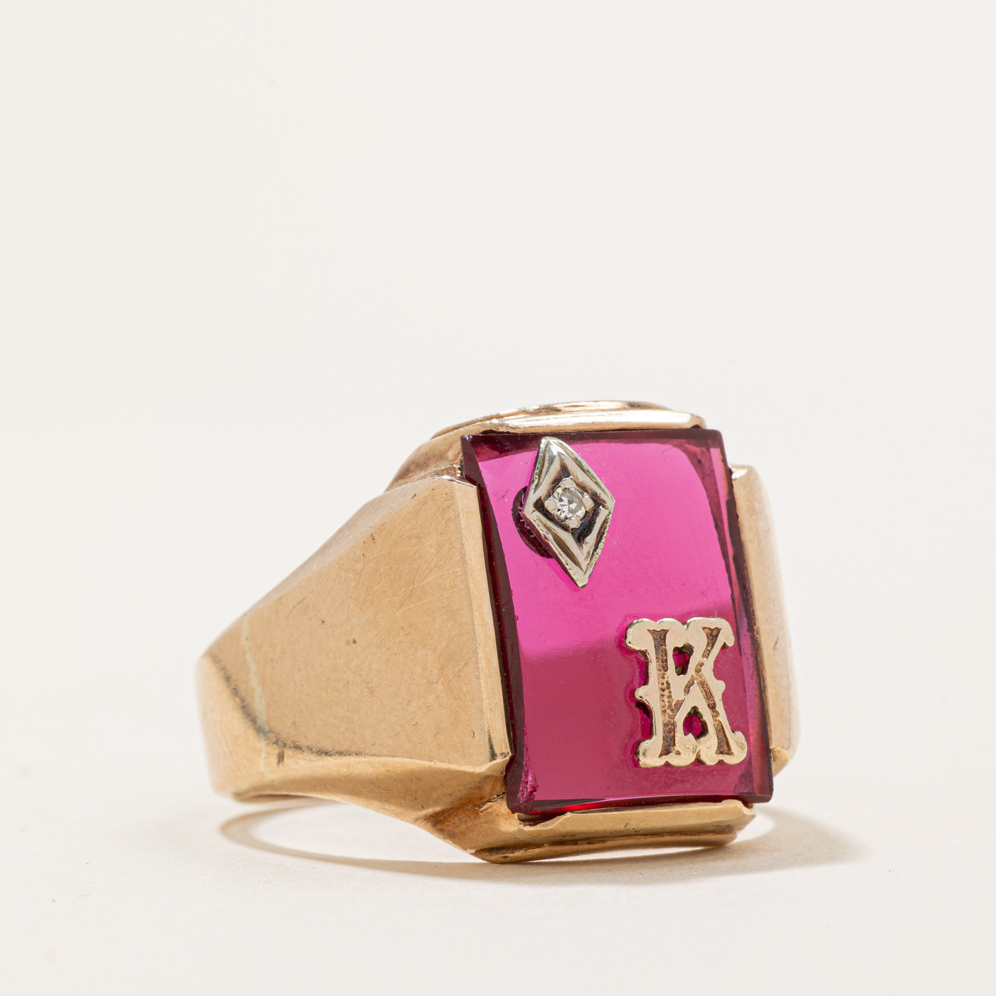 Ruby & Diamond 'K' Signet Ring | 3.30ct, 0.01ct | SZ 13