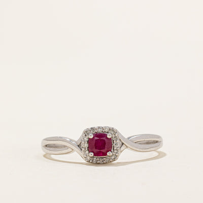 Square Cut Ruby & Diamond Halo Ring | 0.14ct, 0.10ctw | SZ 10.25
