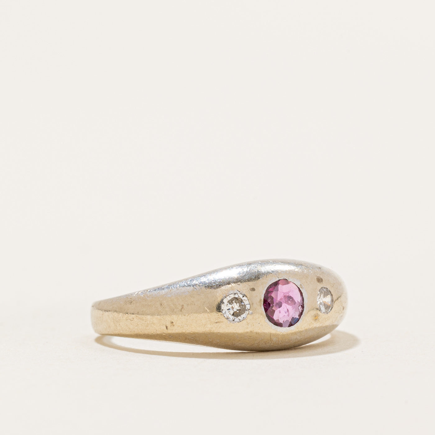 Flush Set Ruby & Diamond Dome Ring | 0.06ct, 0.03ctw | SZ 4.25