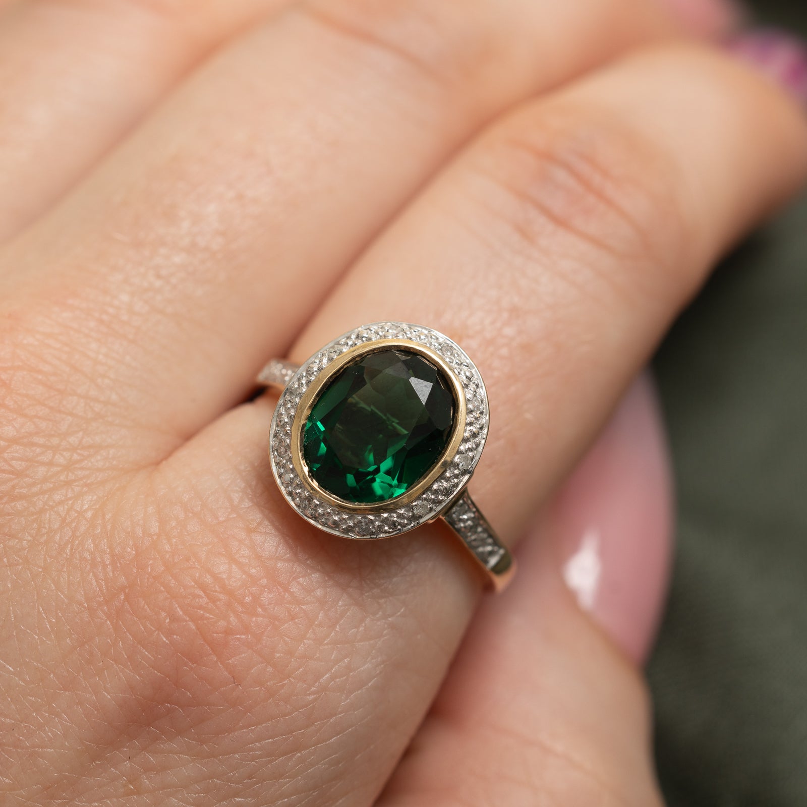 Synthetic Emerald & Diamond Halo Ring | 3.20ct | 0.07ctw | SZ 9.5