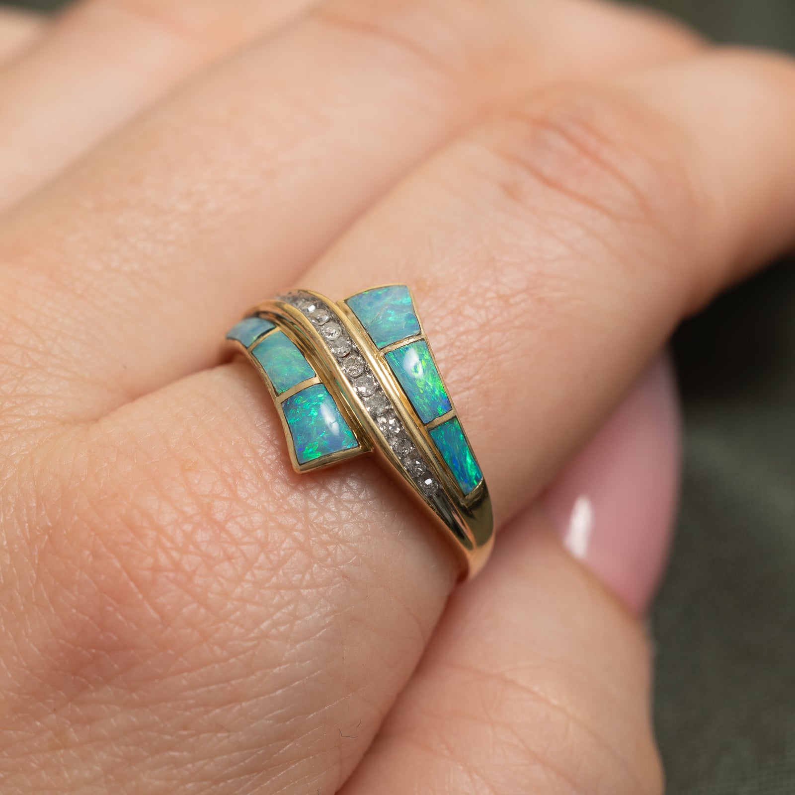 Opal & Diamond Wave Bypass Ring | 1.00ctw, 0.10ctw | SZ 9.25