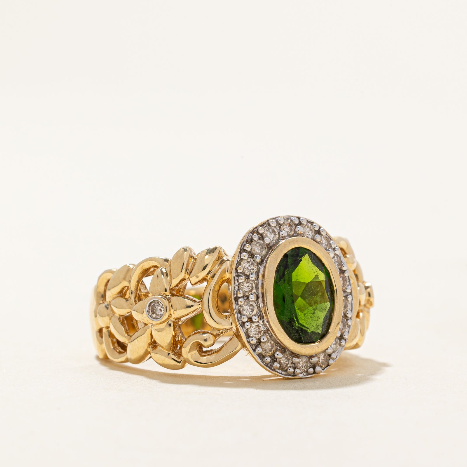 Chrome Diopside & Diamond Halo Ring | 1.10ct, 0.22ctw | SZ 8