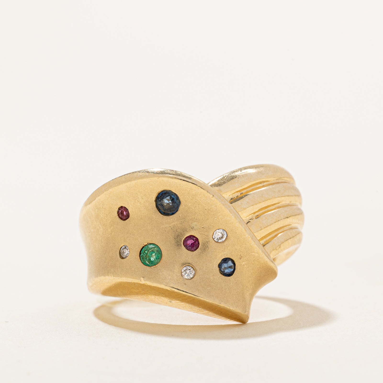 Multi Gemstone & Diamond Grooved Chevron Ring | 0.15ctw, 0.03ctw | SZ 1.75