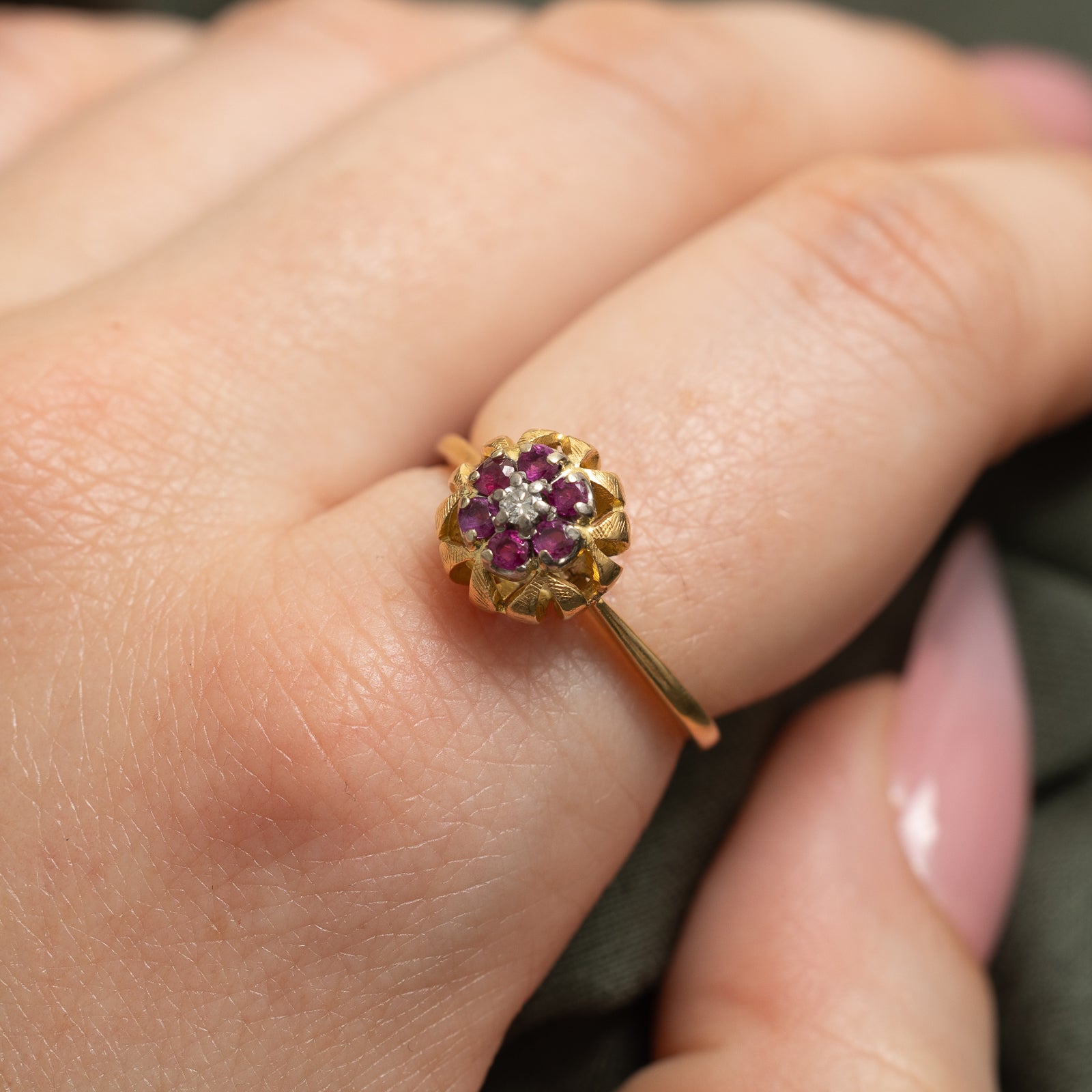 'Birks' Ruby & Diamond Cluster Ring | 0.26ctw, 0.03ct | SZ 8