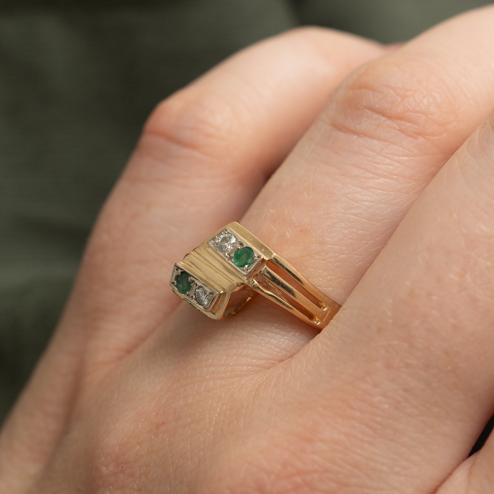 Diamond & Emerald Bypass Ring | 0.05ctw, 0.05ctw | SZ 7