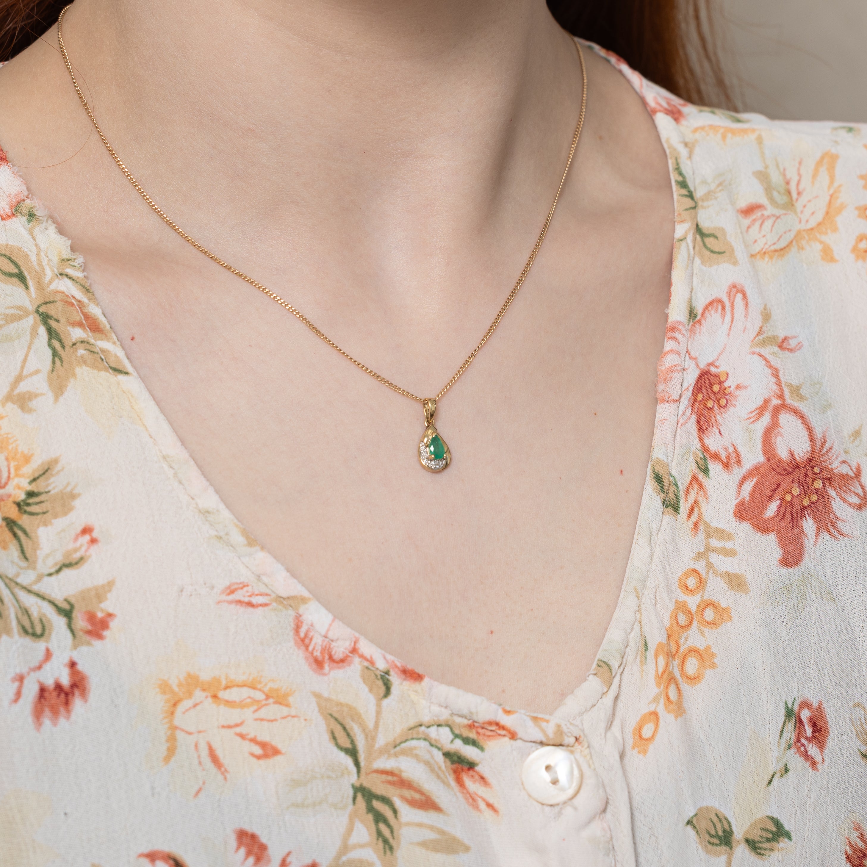 Pear Cut Emerald & Diamond Pendant  | 0.30ct, 0.02ctw