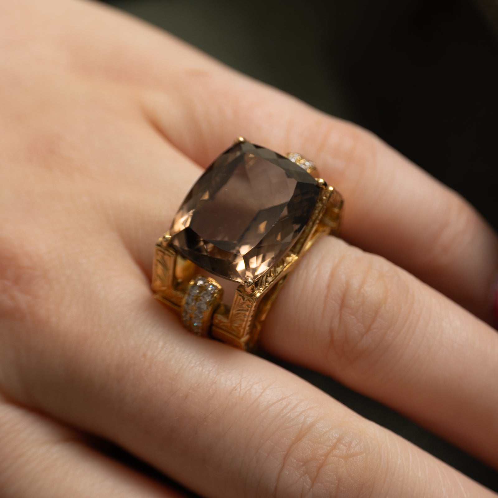 Smoky Quartz & Diamonds Cocktail Ring | 15.00ct, 0.28ctw | SZ 6