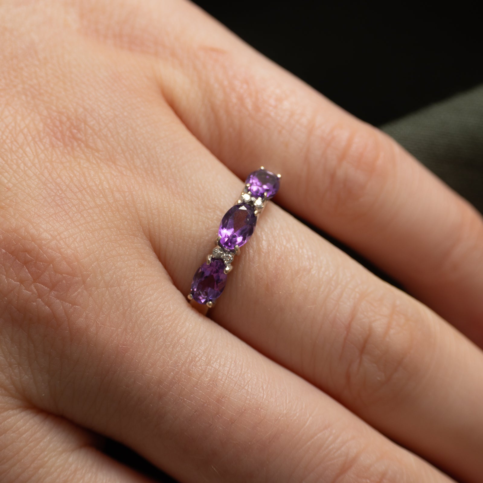 Three Stone Amethyst & Diamond Ring | 1.00ctw, 0.02ctw | SZ 6.5