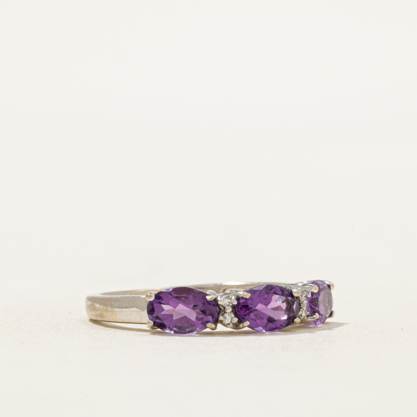 Three Stone Amethyst & Diamond Ring | 1.00ctw, 0.02ctw | SZ 6.5