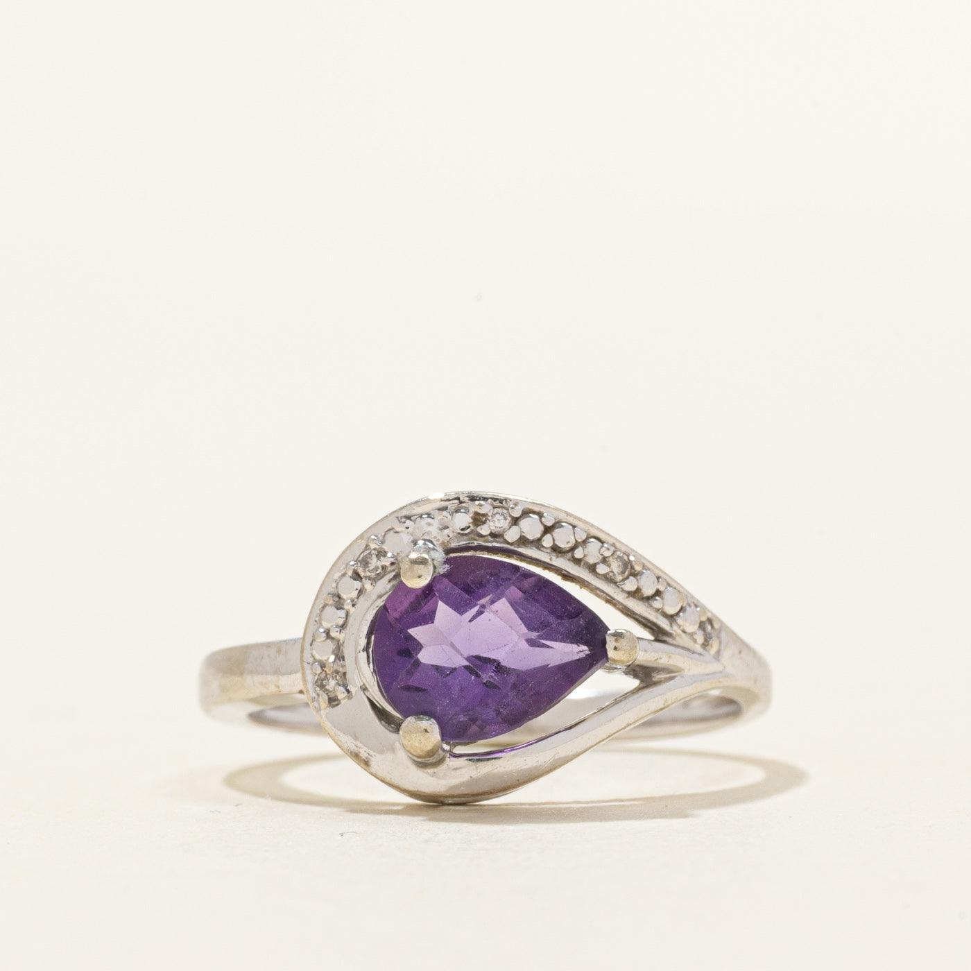 Pear Cut East West Amethyst & Diamond Ring | 1.00ct, 0.02ctw | SZ 6.5