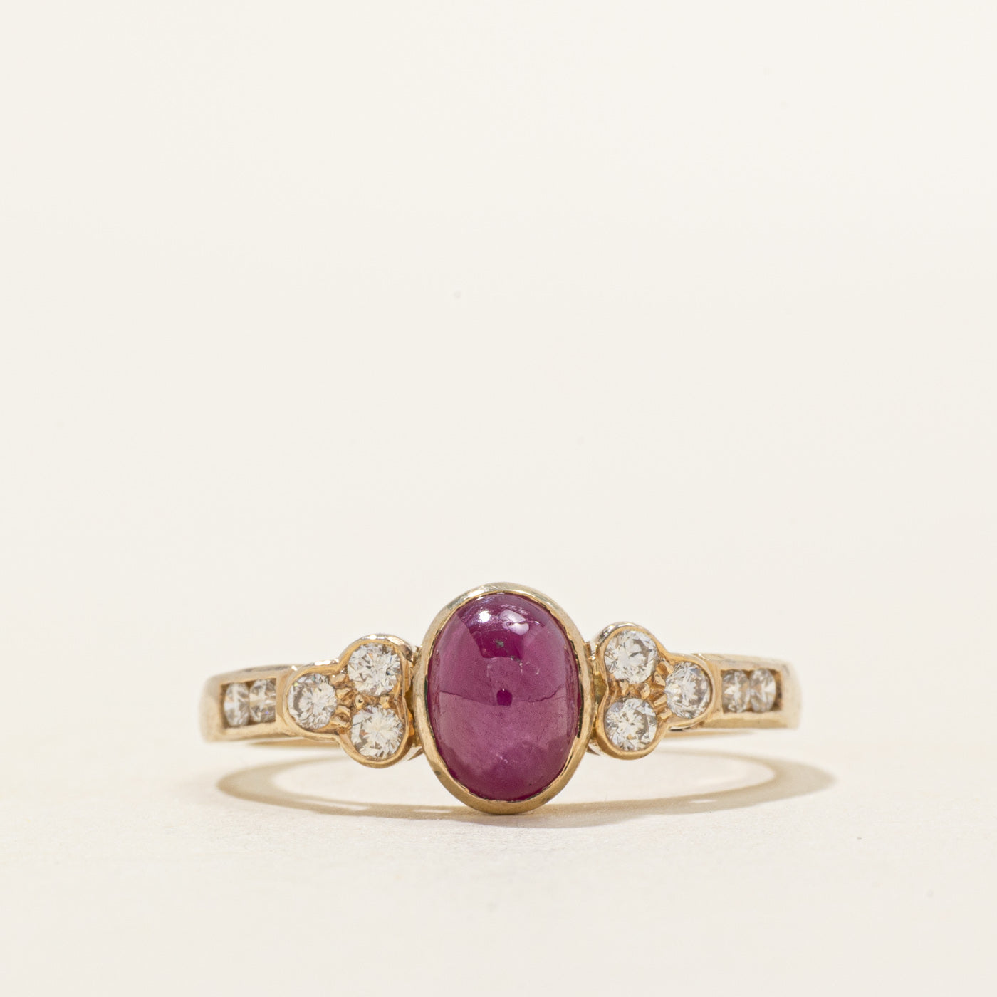 Bezel Set Oval Cabochon Ruby & Diamond Ring | 1.40ct, 0.26ctw | SZ 7.25