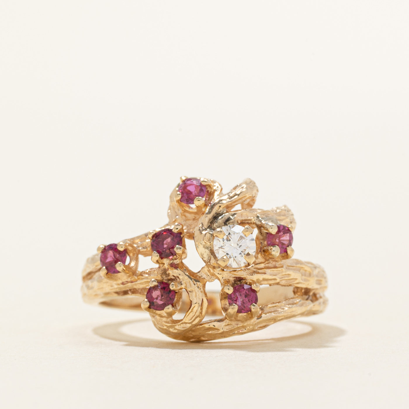 Ruby & Diamond Textured Cocktail Ring | 0.40ctw, 0.15ct | SZ 7