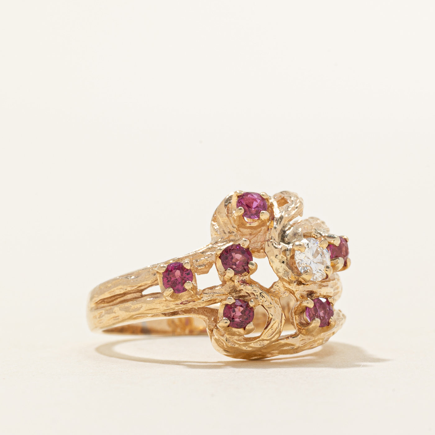 Ruby & Diamond Textured Cocktail Ring | 0.40ctw, 0.15ct | SZ 7