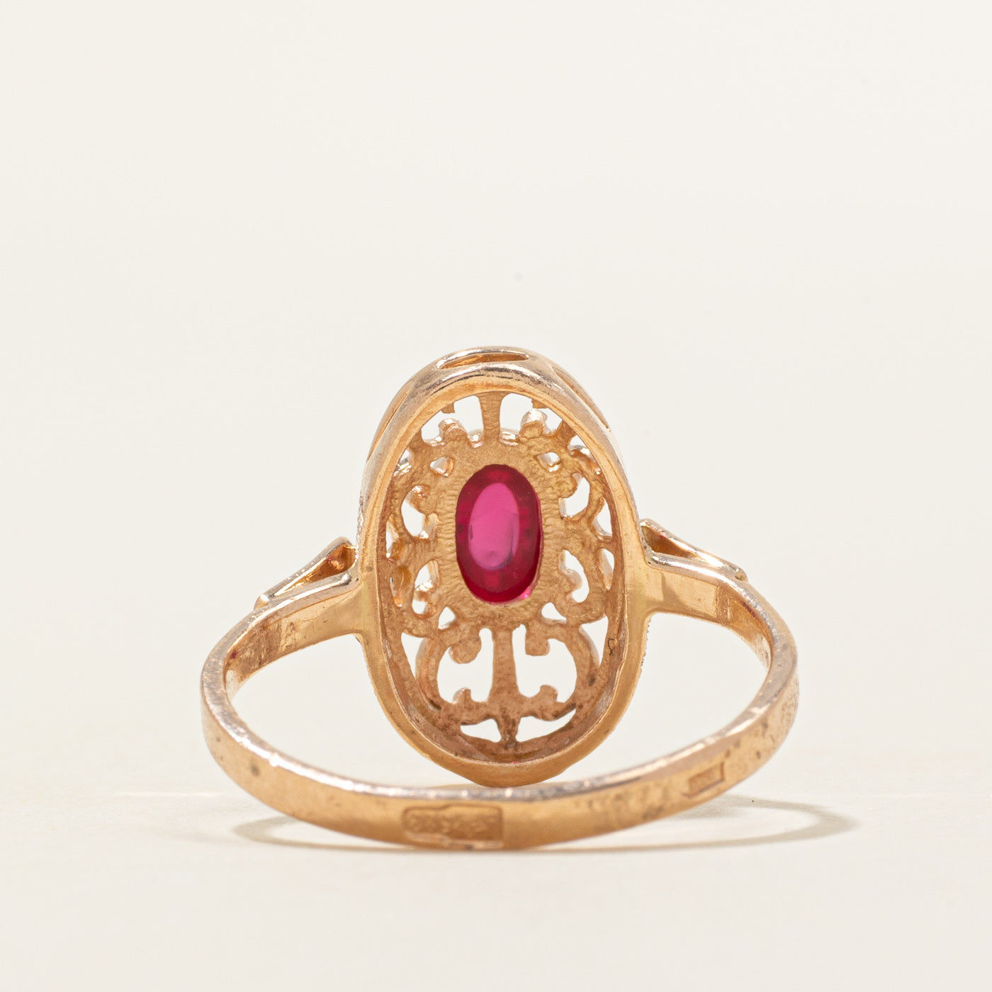 1989 Soviet Hallmarked Odesa Synthetic Ruby Scrollwork Ring | 0.80ct | SZ 5.5