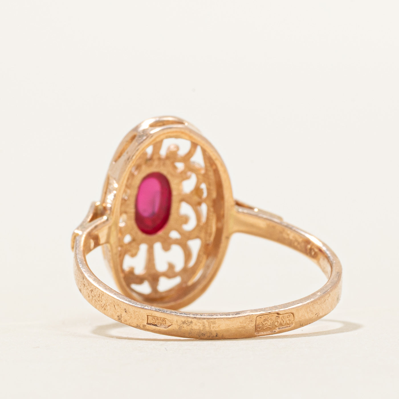 1989 Soviet Hallmarked Odesa Synthetic Ruby Scrollwork Ring | 0.80ct | SZ 5.5