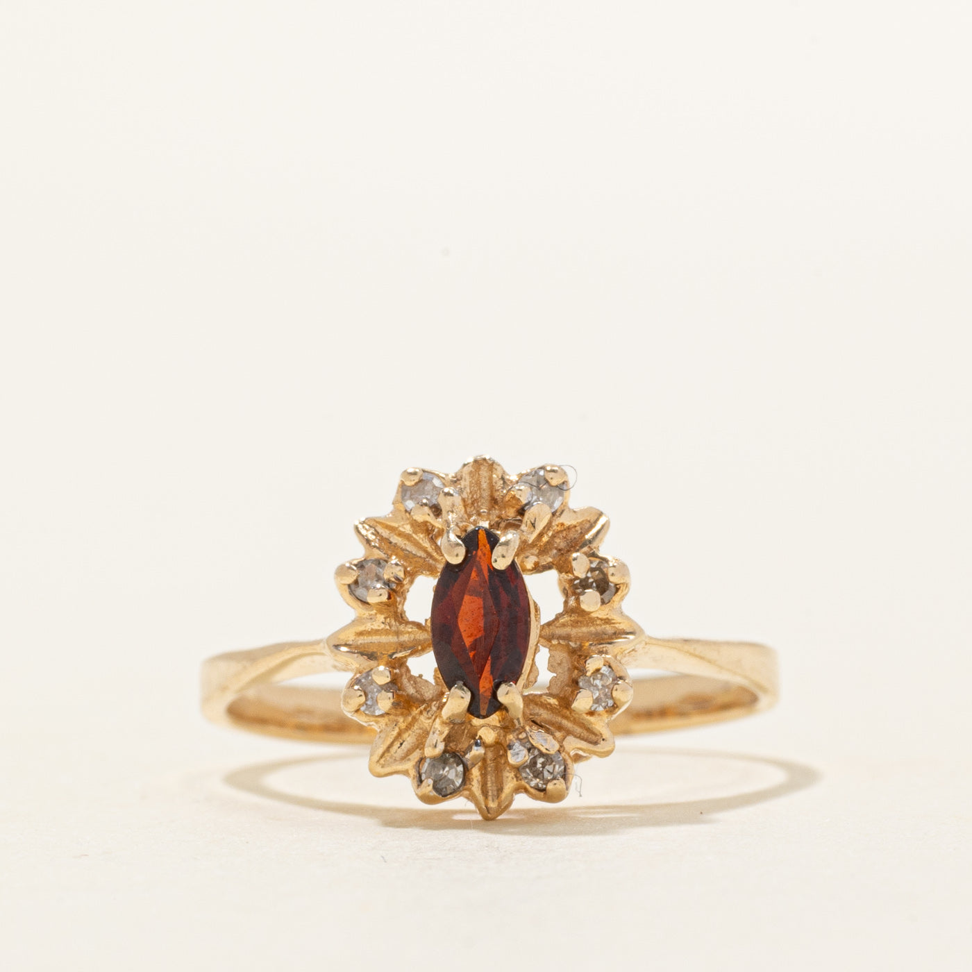 Marquise Cut Garnet & Diamond Ornate Ring | 0.22ct, 0.08ctw | SZ 6