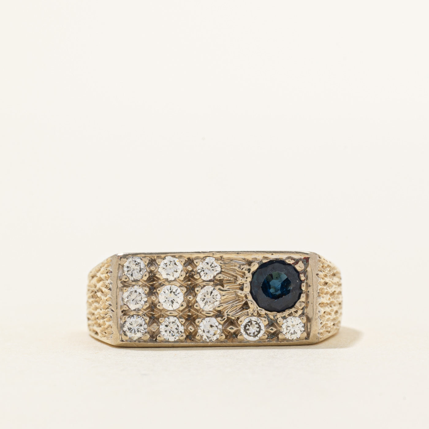 Sapphire & Diamond Grid Textured Signet Ring | 0.35ct, 0.30ctw | SZ 8.25