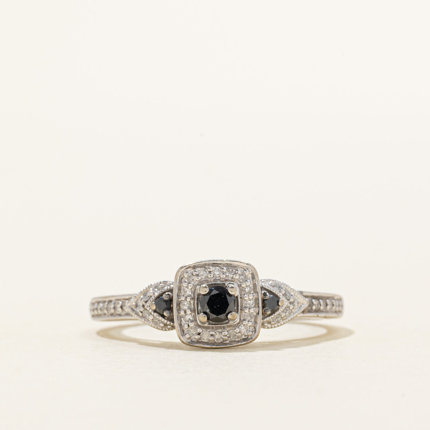 Black & White Diamond Halo Ornate Ring | 0.27ctw | SZ 6.75