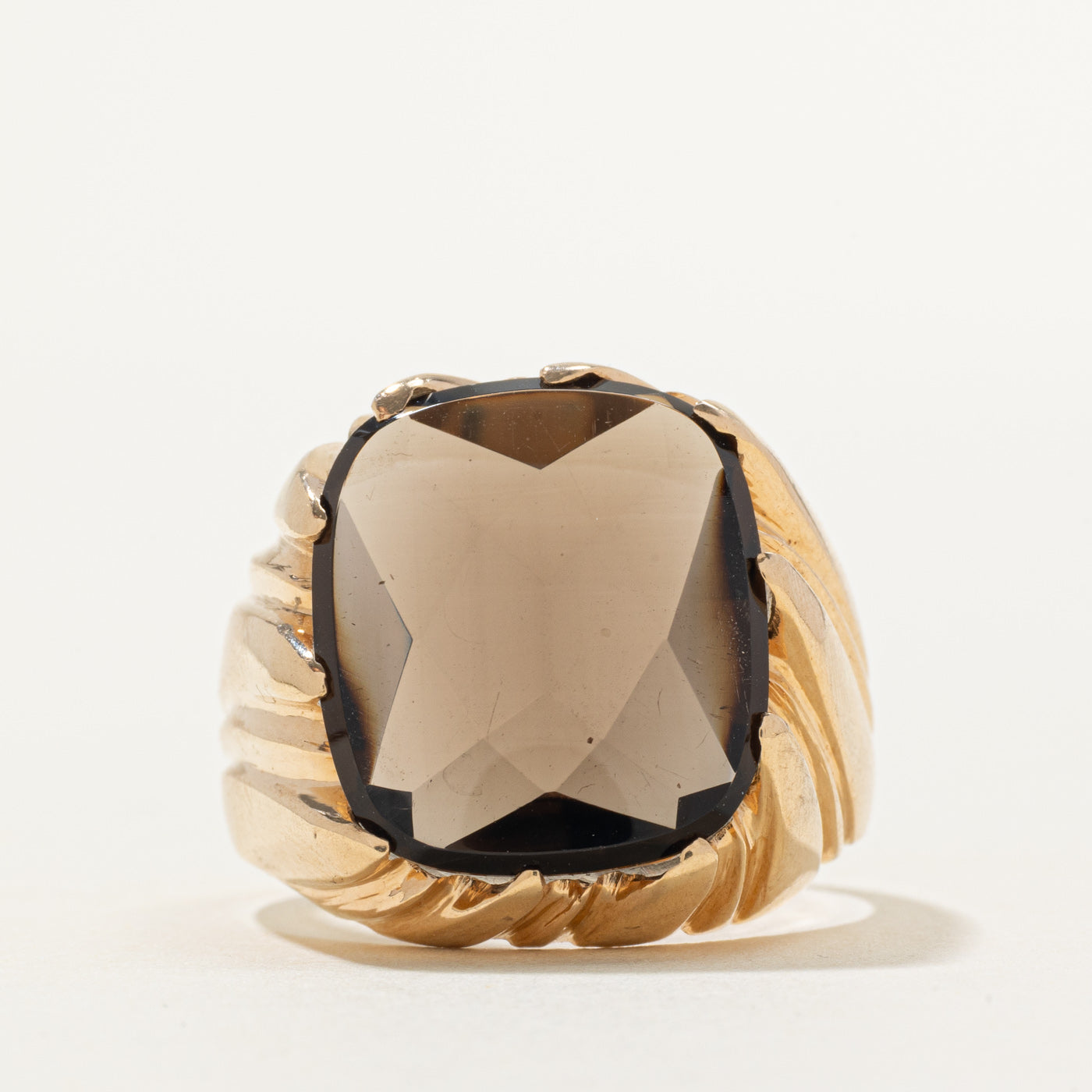 Smoky Quartz Twisted Grooves Signet Ring | 10.00ct | SZ 10.5