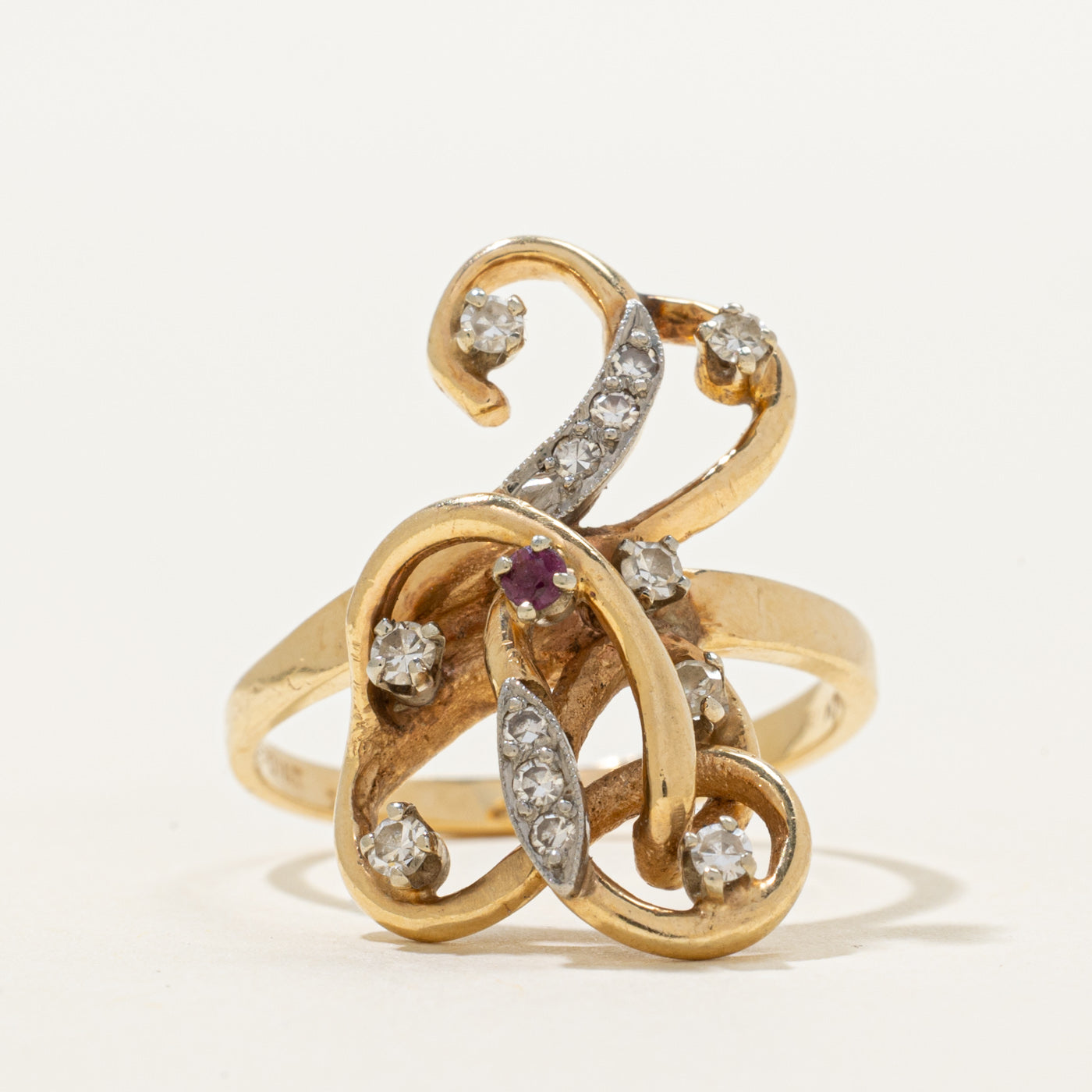 Scattered Diamond & Ruby Ornate Cocktail Ring | 0.20ctw, 0.03ct | SZ 8